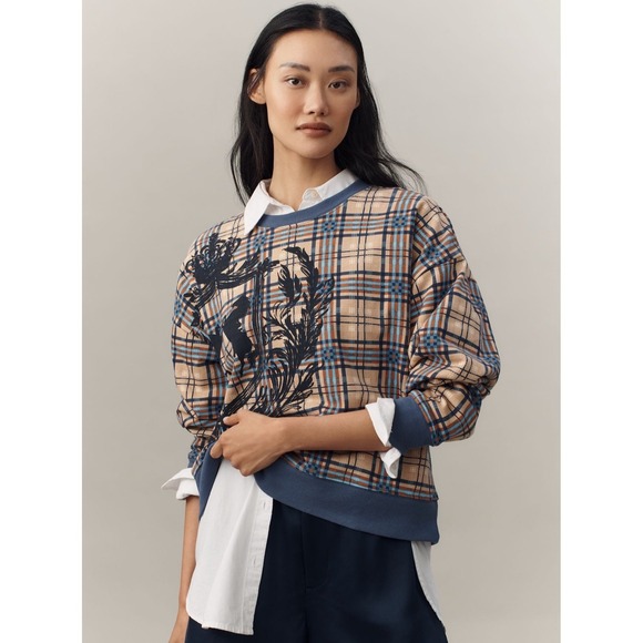 Anthropologie Tops - Mauve graphic plaid sweatshirt. Size large highly rated 4.9 sold out retail $59